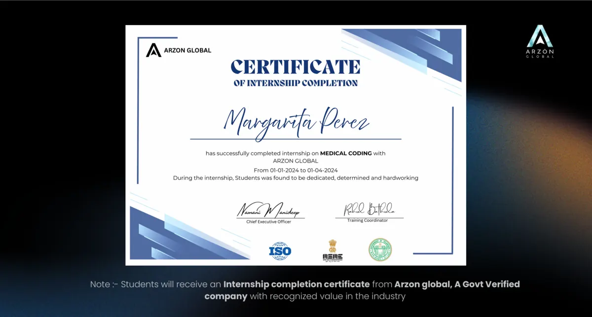 Sample Internship Completion Certificate issued by Arzon Global